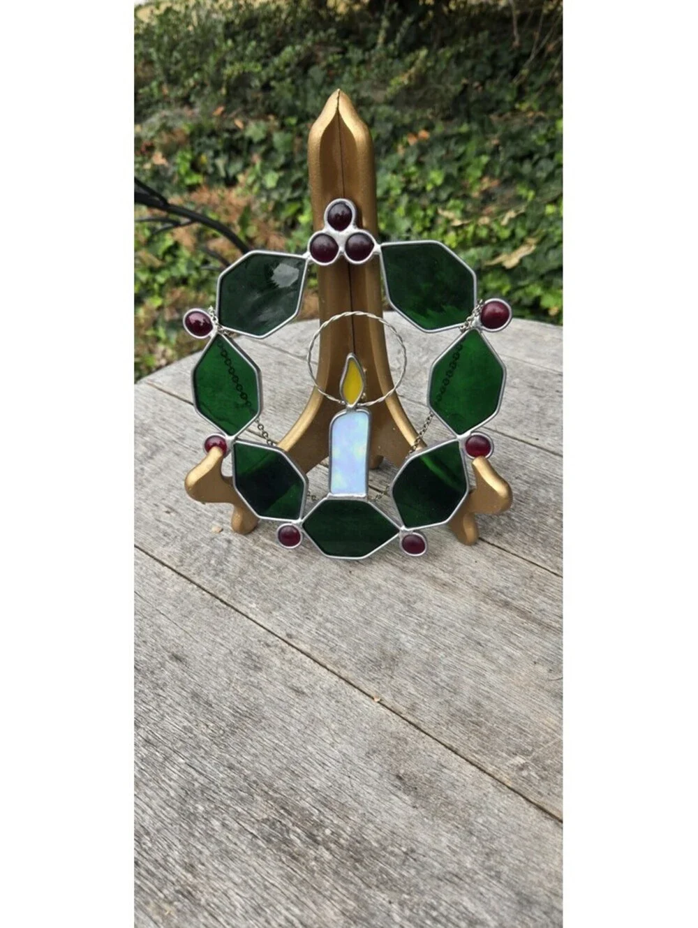 Vintage Stained Leaded Glass Christmas Holly Wreath & Candle Suncatcher 7X7